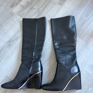 Diane Von Furstenberg Black Leather Wedge Knee-High Boots with Metallic Trim